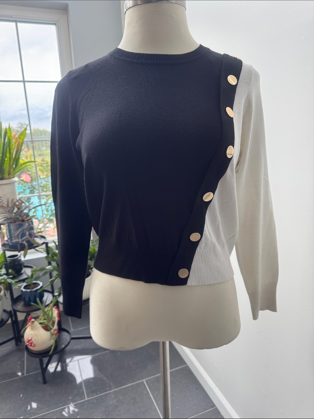Joseph A Black & White Asymmetric Button-Trim Crewneck Sweater